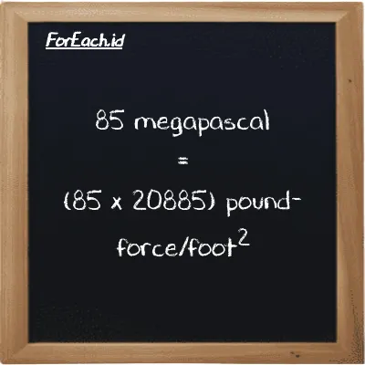 85 megapascal is equivalent to 1775300 pound-force/foot<sup>2</sup> (85 MPa is equivalent to 1775300 lbf/ft<sup>2</sup>)
